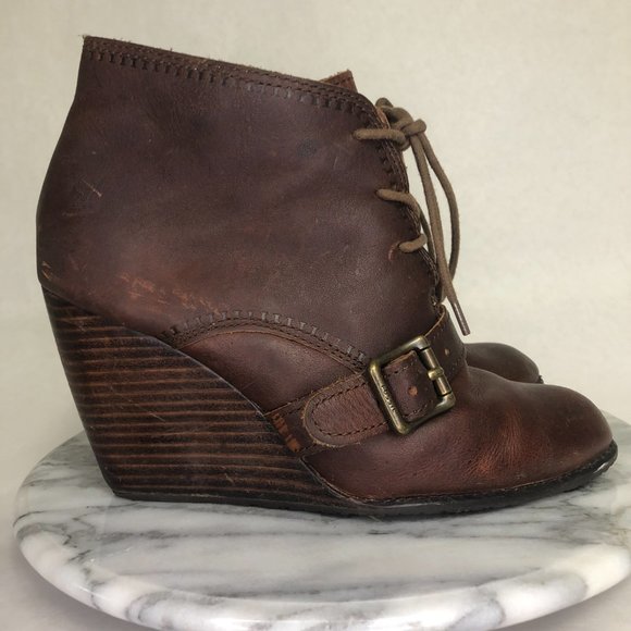 Fossil Charlene Brown Leather Wedge Lace up Bootie, size 8.5 - Picture 3 of 11